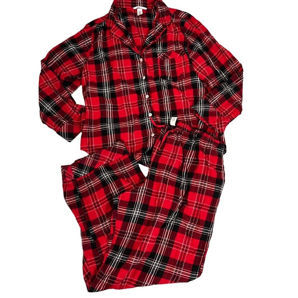Victoria's Secret Womens Flannel Plaid Pajama Set Red Shimmer Large
